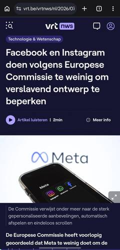 Screenshot van VRT NWS met een kop over verslavend ontwerp bij Facebook en Instagram en het Meta-logo.
