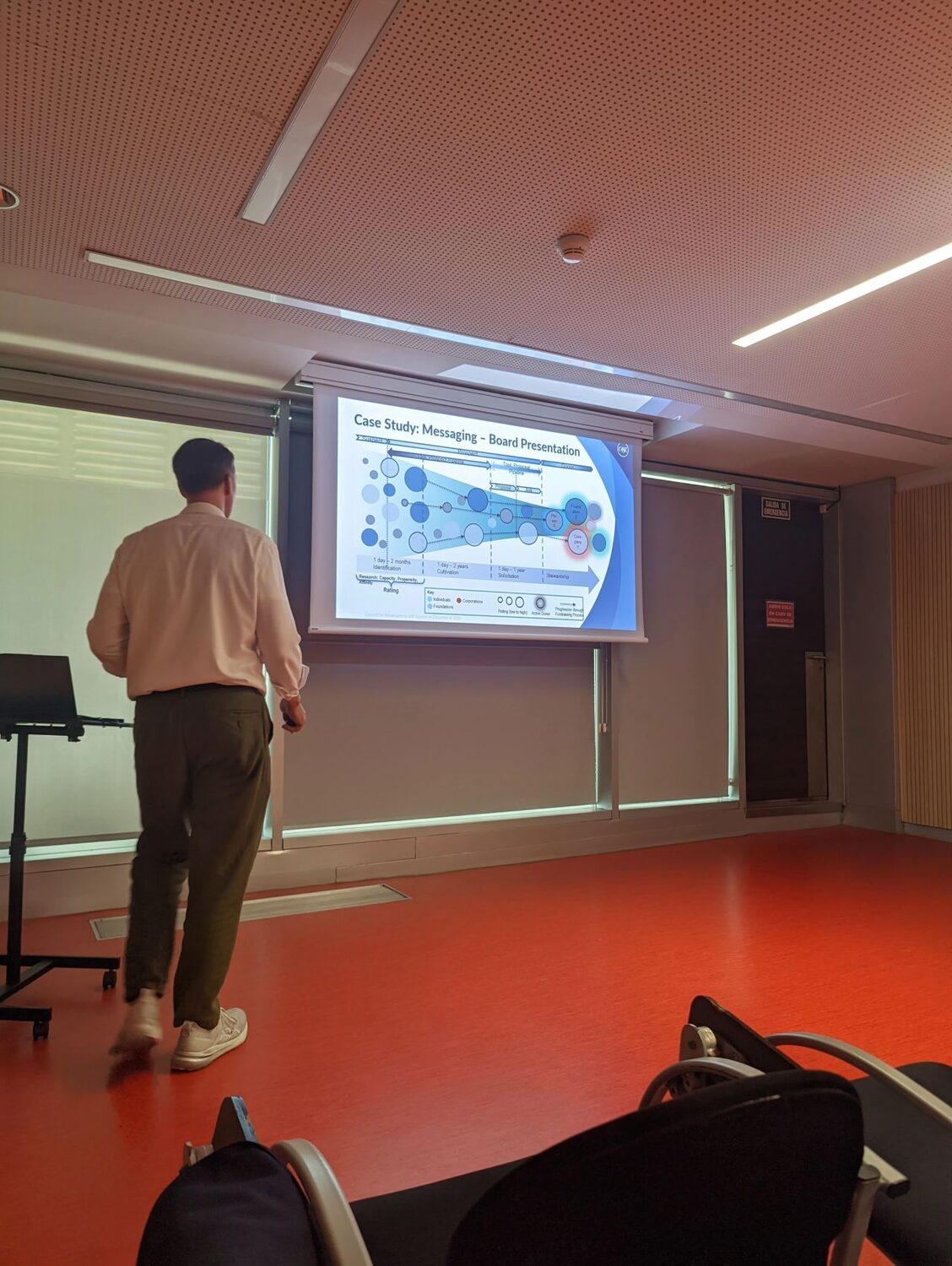 Spreker staat voor een presentatiescherm in een moderne lesruimte.