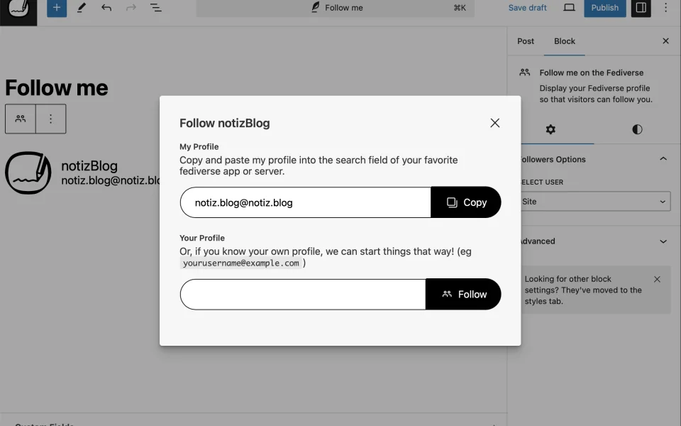 Screenshot of WordPress + ActivityPub